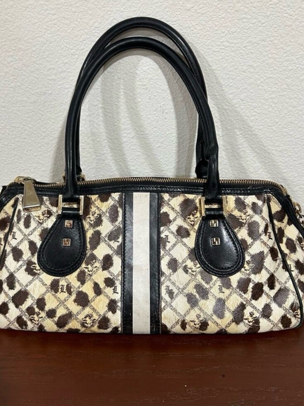 L.A.M.B. Black and Cream Patterned Shoulder Satchel